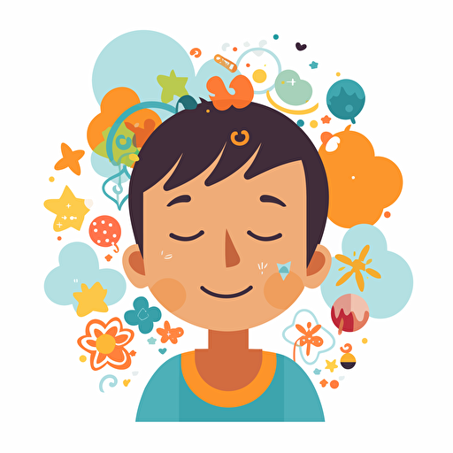 illustration vector of a child meditating :: an illustration vector of a boy :: a cloud comes out of the child's head that contains the things that the child is imagining inside :: adobe illustrator style, happy faces, white background, colored with hex: 90caf9 and hex: ffb347, UHD