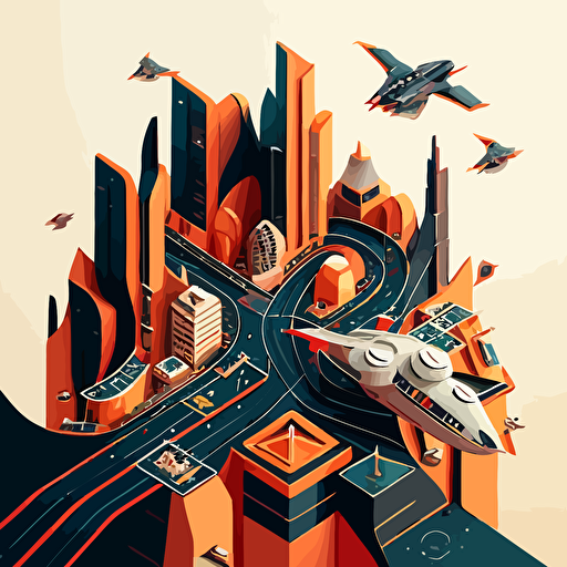 Vector Art of a futuristic city, showing flying vehicles, interconnected building pathways,