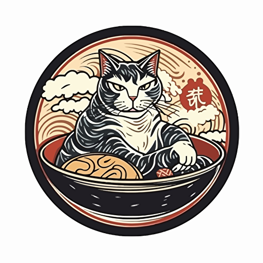 cat eating noodles logo 2d vector art ukiyo-e, white background in a circle.
