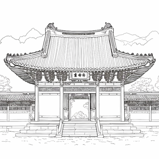 vector, line drawing, simple design, less detailed, Korean traditional gate, front view,