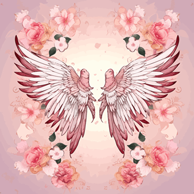 Illustration, one big pair of white angel wings, no body, just the wings, pink flowers outside the wings, simle mandala background, waterhouse style, vector