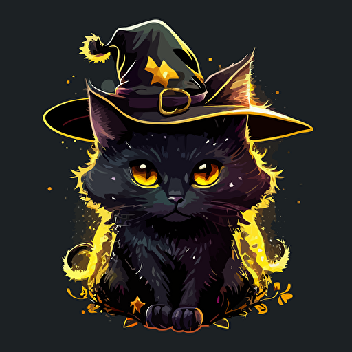 illustration of a cute black cat with yellow eyes, digital art, high quality. cat wearing a witch hat comic style vector