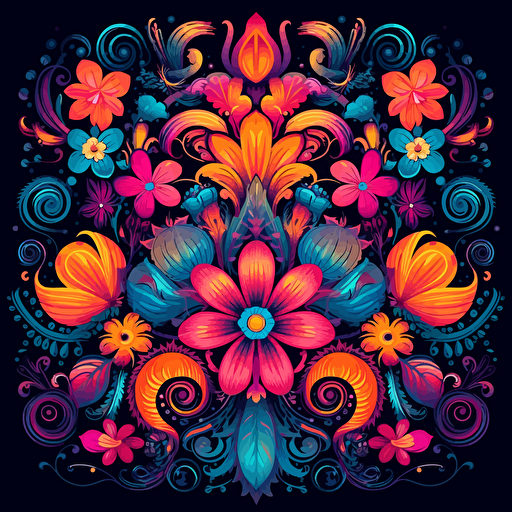dozens of flowers, surrounded by elegant colorful motifs, 2d vector, neon colours, epic composition, vector design on the edges of the image