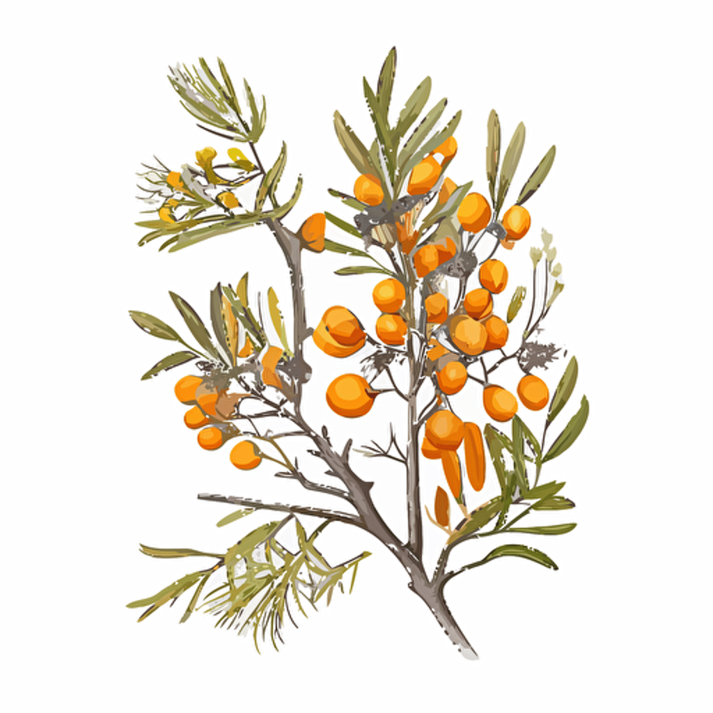 Hippophae, botanical drawing, vector, simple clean, white background