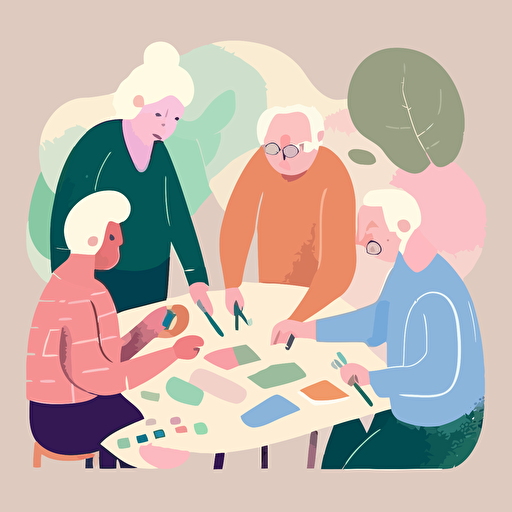 group of fifties years old people working on a community project, talking, smiling, pastel colours, vector illustration style