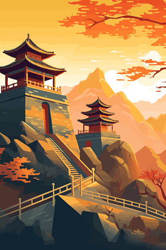 great wall of china, illustration, painting, bright lighting, sun in sky, flat,vector