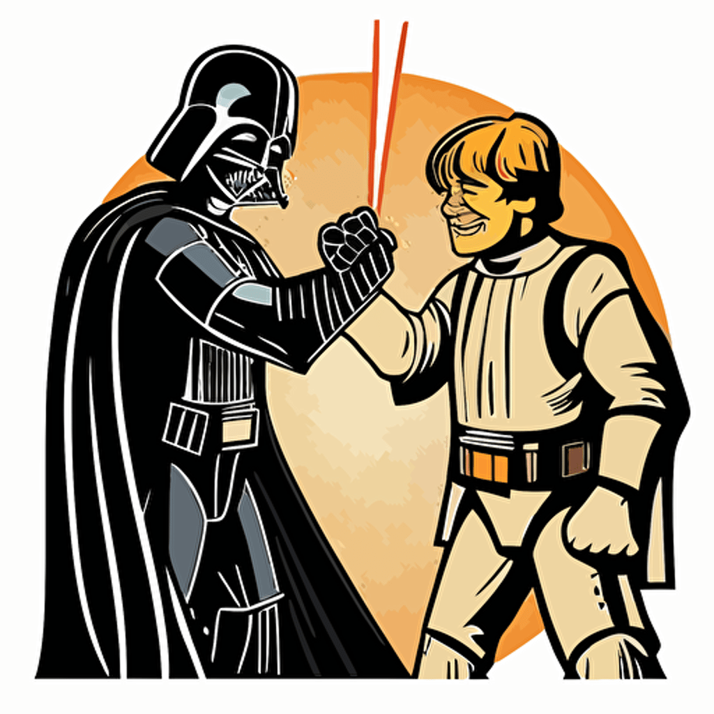 Darth vader and luke skywalker high five, Clipart, Enthusiastic, Primary Color, comic style, Contour, Vector, White Background, Detailed