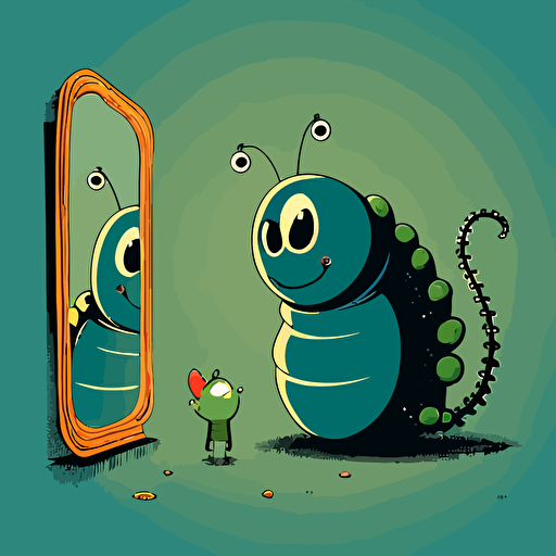 caterpillar looking into mirror at future himself as being butterfly, vector minimalistic illustration