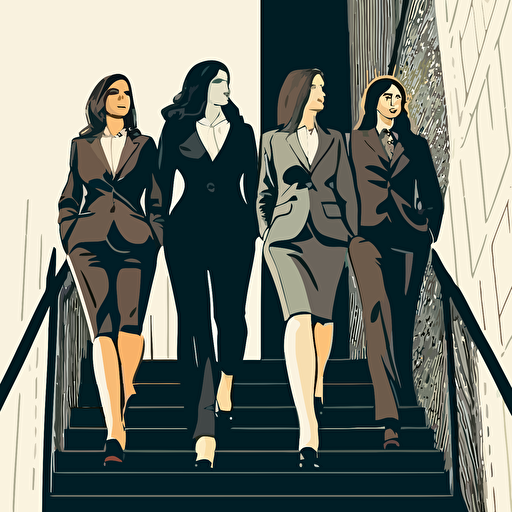 Four women in business suits, as top managers, climb stairs to the top, detailed vector illustration illustration