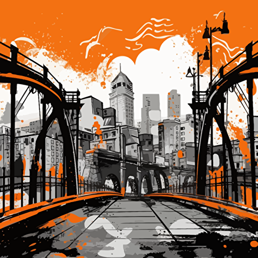 a vector image of a bridge, a prison and a city, black and orange and dark gray, graffiti style