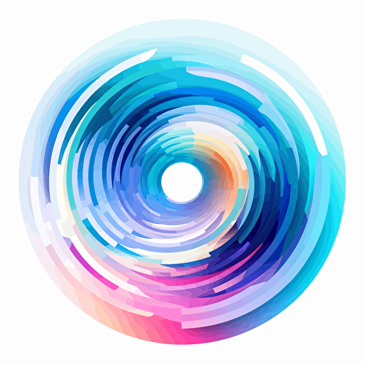 concept art of circular vector logo with many rotating rings within, bright with slight bluetint, soothing background.