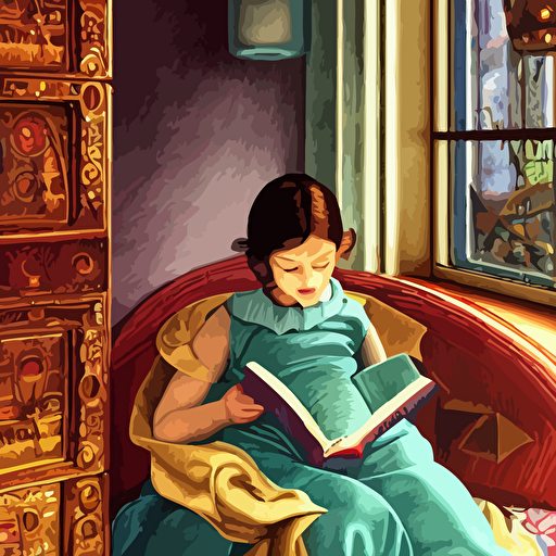 hyperdetailed photorealistic beautiful illustration enchanted beautiful photorealistic beautiful child reading books portraied inside futuristic maximalist hyperdetailed room style caravaggio michelangelo paul gauguin flemish baroque vibrant shiny maximalist 3d textures soft pastel tones matte background hd 8x sharp