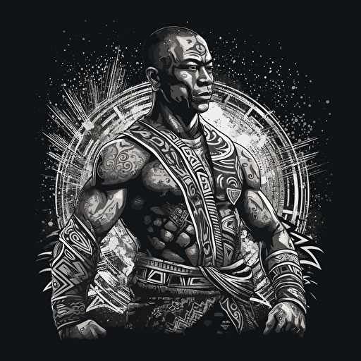 hyper detailed vector illustration of indigenous mma fighter shadowboxing, black white and grays, black background, poster quality