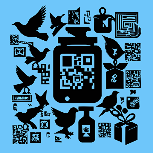 a vector illustration of silhouettes of objects arranged in a QR code delivery form, these objects are old-fashioned, minimal in style, only blue and black tones,