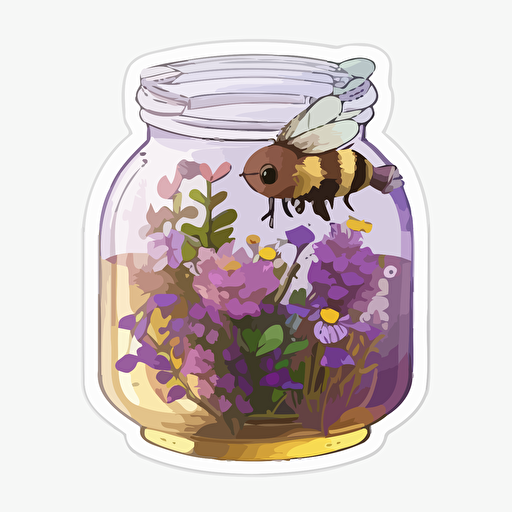 Vector sticker style, transparent background, cute kawaii style, yellow and brown honey bee collecting honey off purple wildflowers