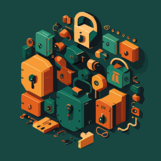 a simplistic vector imagine of locks, keys, vault doors and padlocks to convey a sense of security using using the colors butterscotch, champagne, light orange, midnight green, and caribbean current aspect ratio 16:9