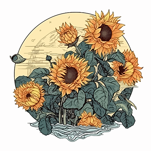 Vincent van Gogh, sunflowers in 2d vector art ukiyo-e style as a logo, white background