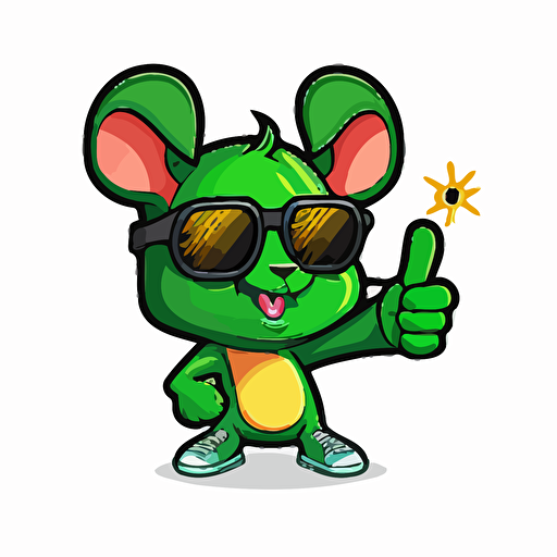 green mouse, vector image, Basil, twitch emote, sun glasses with a thumbs up, clean illustration, cartoon, emoji