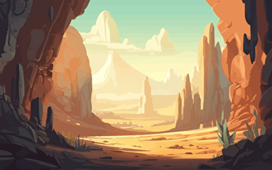 Edge of a desert cave, filled partially with rocks and cacti, looking out into a vast landscape of tall pillars of sandstone and plentiful cacti, mountain peaks in background, morning sun shining through the clouds with blue sky during early morning, high quality cartoon style warm lighting vibrant dramatic lighting vector illustration