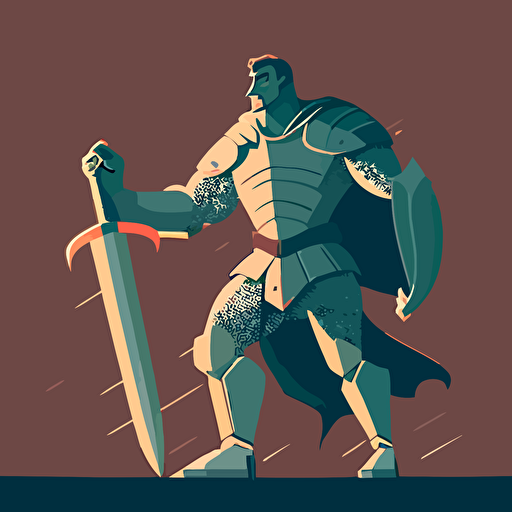 a vector drawing of a tall and muscular knight. Both hands are on his sword. He is looking triumphant and fierce.