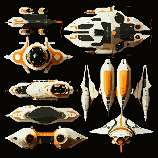 orange and white space ships on black background, top-down view, clean, simple, no shadows, vector