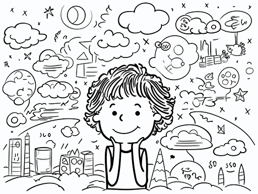 a single outline drawing of children are thinking about something funny , stock vector, flat design, simple ,black and white,bold and simple line, in the style of stock photo, lovely childrom scenes, uhd image