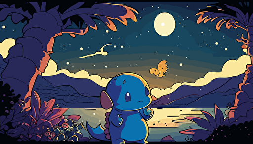 a panel from a Shōnen manga depicting a cute small baby dinosaur cartoon style, in the background a very blue lagoon, magical scenery, moonlight, fireflies, color pop, flat vector art, bright colors, high resolution