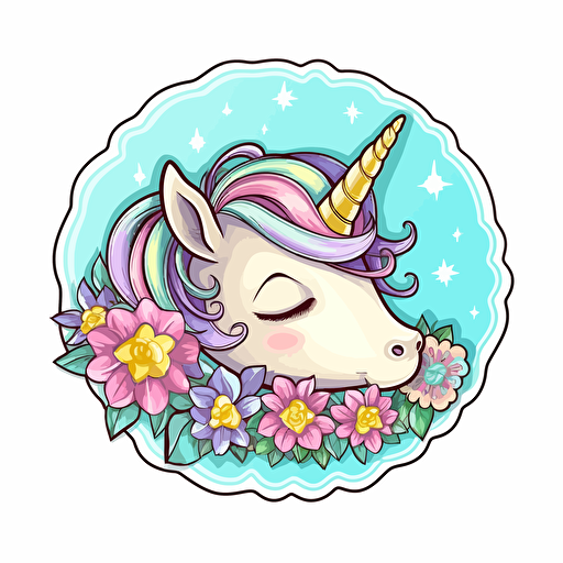 A sleeping unicorn, Sticker, Cute, Pastel, light art style, Contour, Vector, White Background, Detailed
