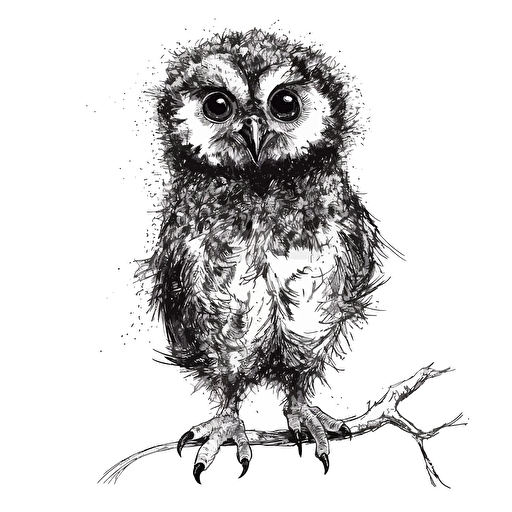 baby owl drawn from a single pen stroek, black on white background, simple, vector