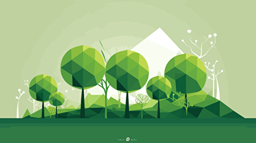 a simple stacked trees and nature illustration , inspired by modern geometric curves , vector illustration and ui design. This visual incorporates the vibrant green colors . it must be a footer and the top of visual 2/3 must be white