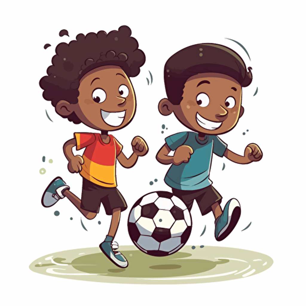 Vector illustration of 9 years old black boy and white boy playing soccer with white background