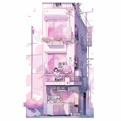 Vector illustration of an apartment building, Aesthetics clean and minimalist, with purple and pink color scheme