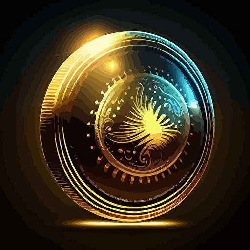 Gold glowing coin icon. Edge view. Bright and voluminous, vector.