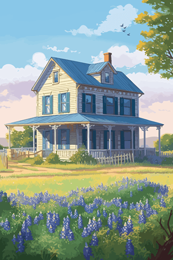 texas farmhouse in a field of bluebonnets, wrap around porch, cozy and sweet, bright light, colorful, summer day, vector art, concept art
