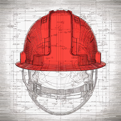 sketched, unfinished blueprint vector drawing of a red hard hat on a simple white background. Eye-Level Shot