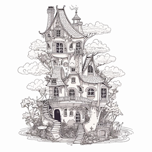 tall whimsical black and white medieval hobbit house, in flat 2d vector style, no perspective johanna basford style, 4d91006c-2d9f-4a11-be13-7dac0aa6d6a6 3e7ef00b-9260-48ad-9517-00d678433fee v5.1