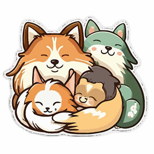 kawaii, four animals, white mancoon and brown calico and wolf dog and Rough Collie snuggled together, sticker, vector, white background, contour, cartoon style