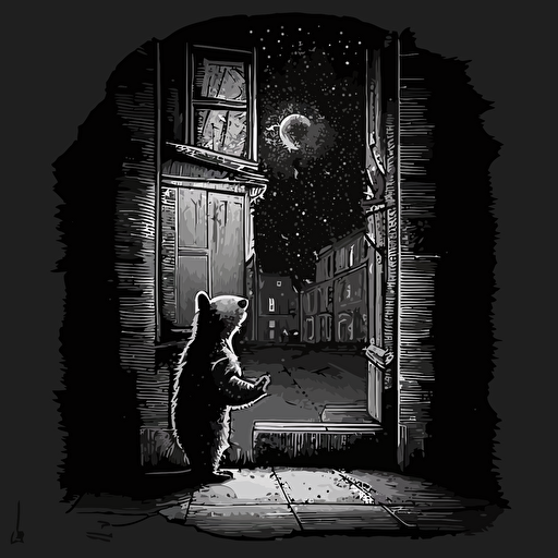 Drawing from Banksy's street art, create a vector illustration of a city alley where animals are painting graffiti on the walls, expressing messages of hope and unity. Set the scene during a starry night.