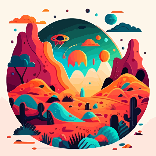 2d flat vector cartoon illustration, vivid colored mountain s on an alien planet with galaxies in the sky, mid century style