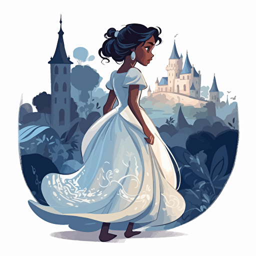Vector illustration full view image of a cute, adorable, beautiful little mix race girl princess, wearing a white and blue long gown in and she is searching throughout the castle for something she lost, in vivid colors, Disney Style