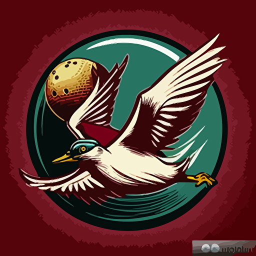 vector logo of a maroon cricket ball with a mallard duck flying in orbit