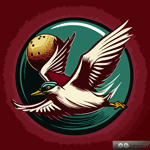 Vector logo of a maroon cricket ball with a mallard duck flying in orbit, vector illustration
