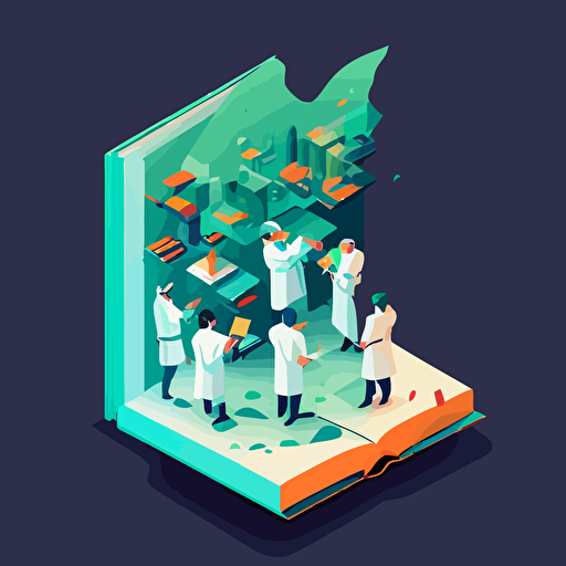 Minimalistic, thick textbook open to a sprite sheet on molecular biology with scientists in lab coats crowding over it and observing it, vector, style of atey ghailan