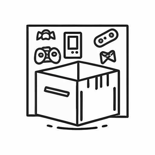 minimal line Logo of a Box with toys and consoles, Vector, Simple, transparent, black and white, sketchy, cartoony