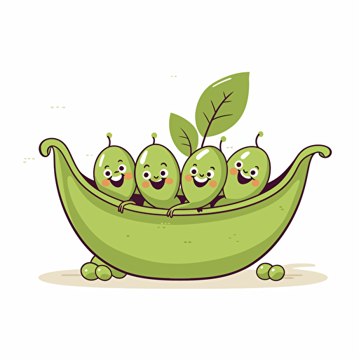 3 peas sitting in a pea pod with peaceful happy faces, simple, cute, vector, cartoon, white background.