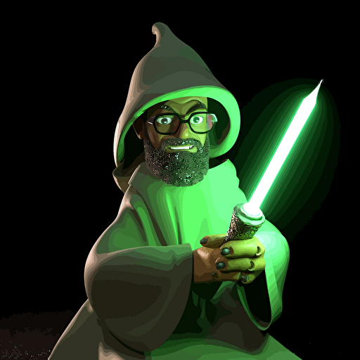a claymation style easily vectorizable time wise and handsome traveling sunni sufi muslim conquerer from the future, his glasses have a visible HUD overlay as he studies his surroundings, he is holding a very menacing curved scimitar, except the blade is like that of a bright green lightsaber. there is a hologram of qur'anic verses enveloping him. he is riding a futuristic hyper-advanced robotic winged cyborg-horse