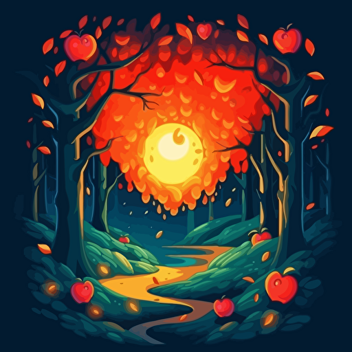 A letter and fire apple in night forest, vector cartoon style