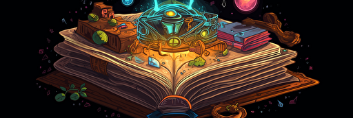 vector art, high detail, magical tome of spells, different elements are coming out of the tome