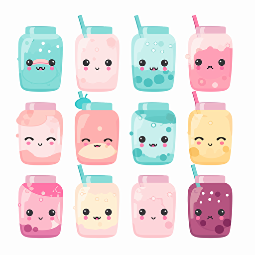 Kawaii drink bubbles, flat, 2D, vector, 16 colors, white background, in anime chibi style