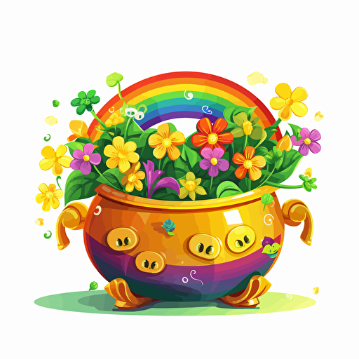 pot of gold, rainbow, flowers, detailed, cartoon style, 2d clipart vector, creative and imaginative, hd, white background